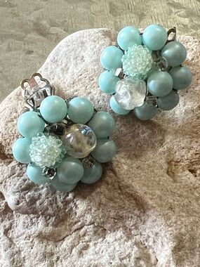 Vintage Muted Blue Cluster JAPAN Earrings.
